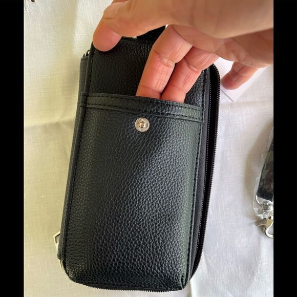 Jessica Moire black cell phone wallet with strap, brand new, size 7.5 x 4 x 1 in